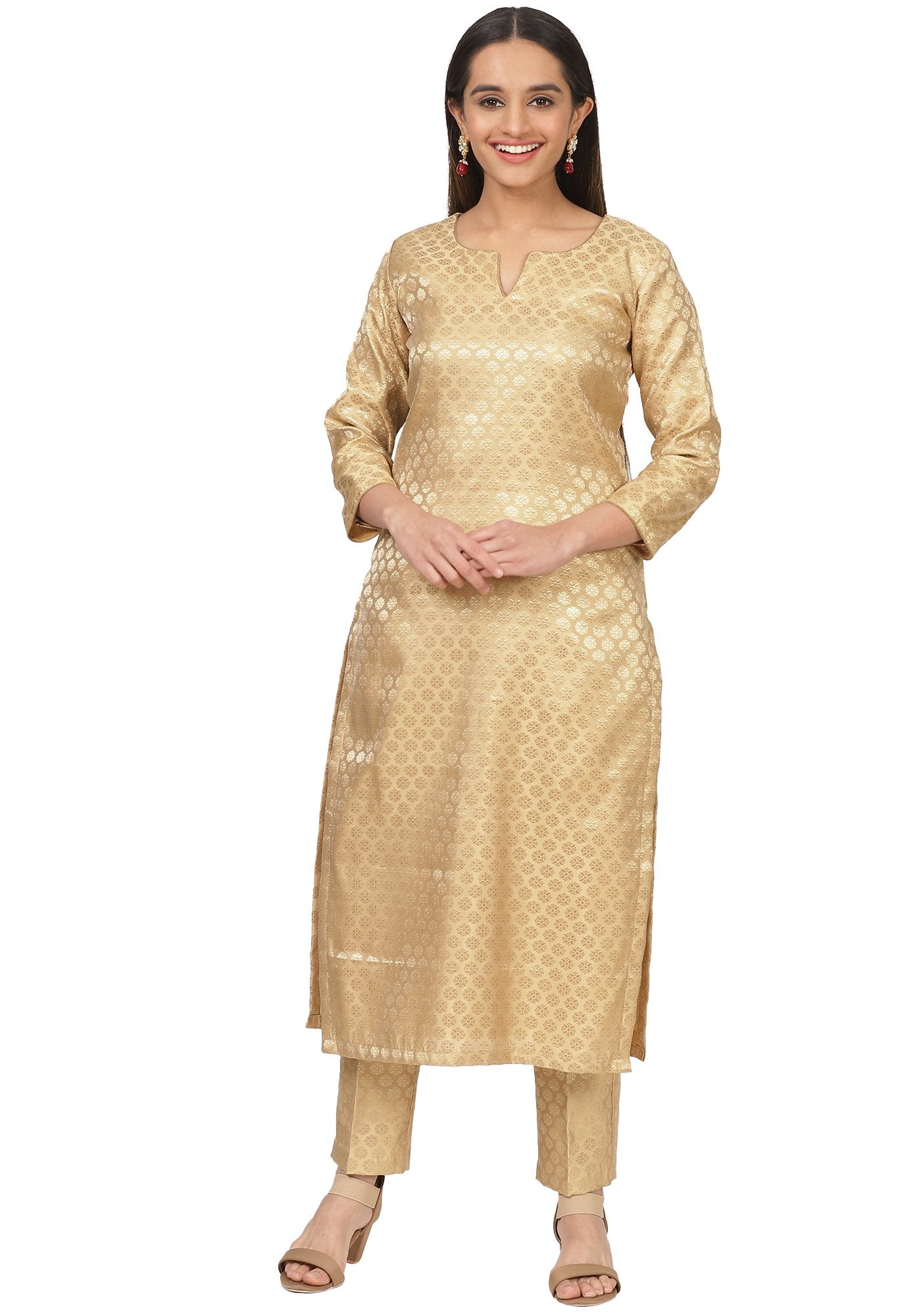 Buy Gold Handloom Tissue Embroidery V Neck Kurta And Salwar Set For Women  by Shorshe Clothing Online at Aza Fashions.